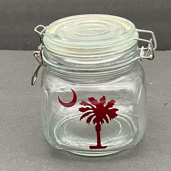 SC State Emblem Glass Jar Snap Lid Palmetto Tree Crescent Moon Storage Tea‎ - Picture 3 of 9